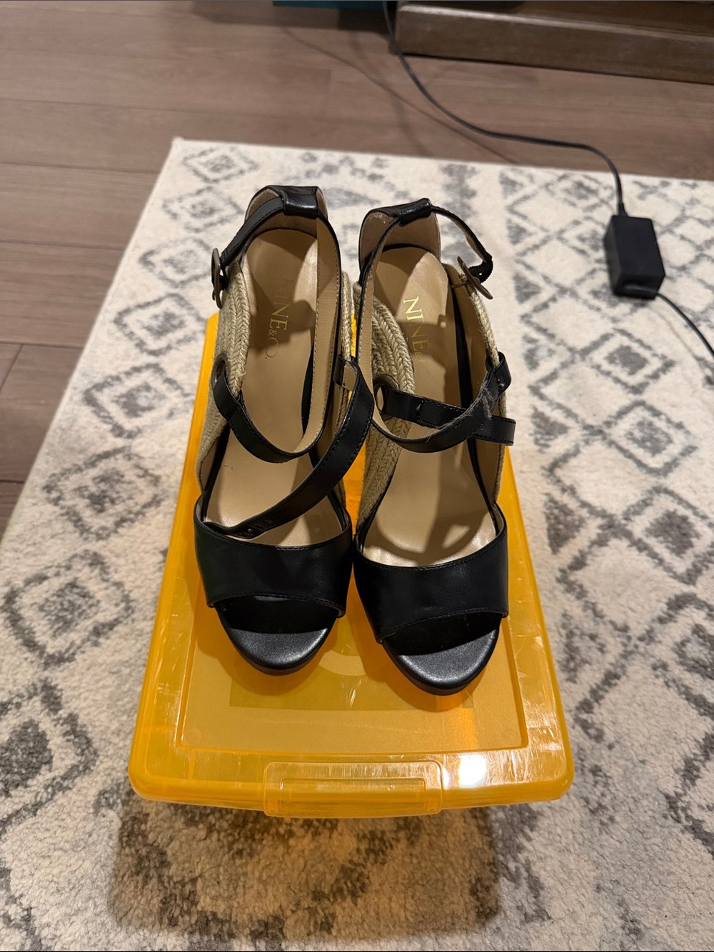 Nine & Co. Black Strappy Espadrille Wedge Sandals